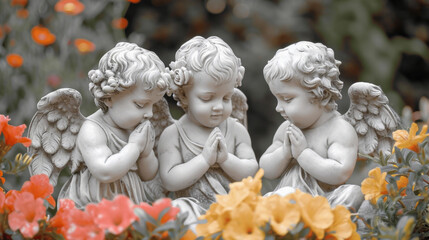 A trio of child angels tending to a garden of vibrant flowers their heavenly touch causing the blooms to flourish.
