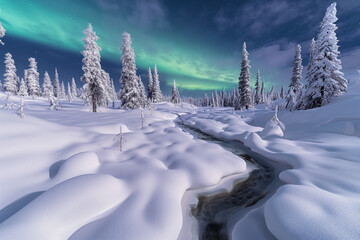 Moonlit mountain stream through the snowy tundra and boreal forest with aurora borealis overhead