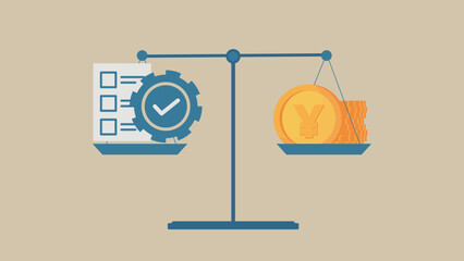 There is a plan, gears, and a stack of yen coins on the scale.