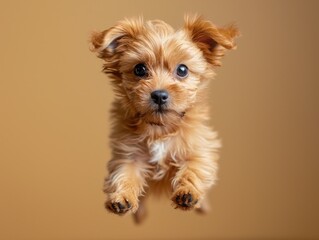 Dog jumping in the air, small orange fluffy dog on isolated background, animals, pet, hungry, playing, puppy wanting food, puppy.