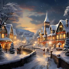 Foto op Plexiglas Winter night in a small village with snow-covered houses and trees © Iman