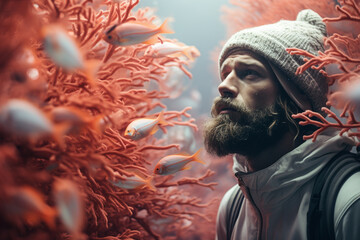 fresh and pure human with fish coral reef demonstrates interplay between survival tactics, hunting actions, and cycle of life in these ecosystems - obrazy, fototapety, plakaty