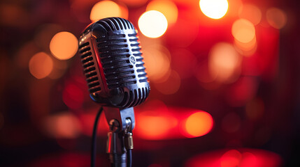 Fototapeta na wymiar Stylish old retro microphone on a colored background with bokeh, Digital retro microphone on a stand against the background of the club lights, vintage classic recording microphone, Generative AI 