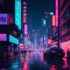 Obraz premium cityscape at night is a vibrant tapestry of neon lights and reflections