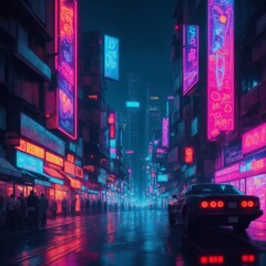 Fototapeta premium cityscape at night is a vibrant tapestry of neon lights and reflections