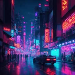 Fototapeta na wymiar cityscape at night is a vibrant tapestry of neon lights and reflections