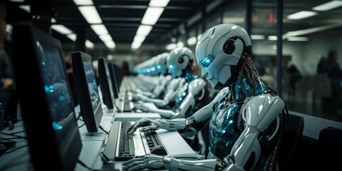 Robots Operating Computers in Modern Office.