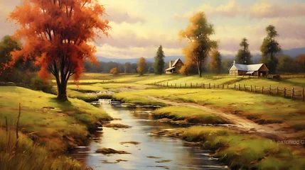 Foto auf Acrylglas Autumn landscape with a small river and a village in the background © Iman