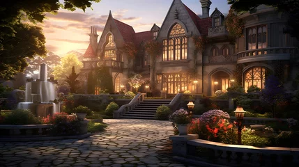 Fototapeten Fantasy landscape of the garden with a beautiful house at sunset. © Iman