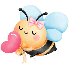Valentine honeybee with heart shaped candy clipart, Watercolor illustration with cute bee and valentines dessert, Animal in love for valentines day gift decoration.