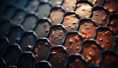 Obraz premium A close up of a metal mesh with water droplets. Generative AI.