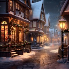 Snowy winter street with houses and lanterns in the evening.