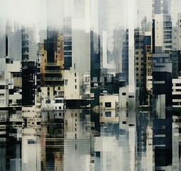 A cityscape with tall buildings reflected in water. Generative AI.