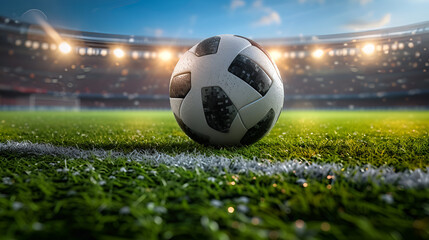  Football soccer ball on grass field on stadium, Soccer Ball in a Stadium with Lights. A classic black and white soccer ball on green grass in the center of a stadium, Generative Ai
