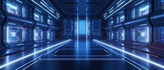 Obraz premium Futuristic futuristic corridor with blue lights and neon lights. Generative AI.