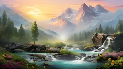 Poster Panoramic view of a mountain river at sunrise. Panorama of a mountain river. © Iman