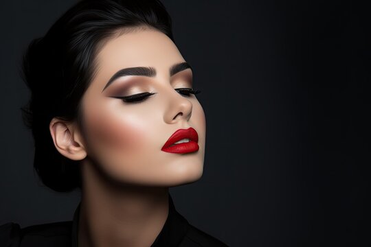 Beautiful woman with dark hair and makeup, advertising of makeup products, face contouring, close up, dark background