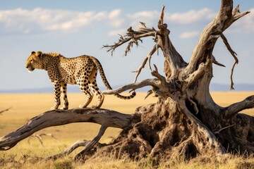 A cheetah gracefully walks along a dead tree branch, showcasing its balance and agility in its natural habitat.