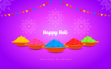 Bowls of Joy A vibrant close-up of colored powders in bowls against a purple backdrop. Celebrate the spirit of Holi with the cheerful message 'Happy Holi!' and 'Festivals of Colors'