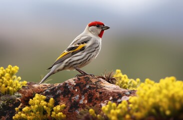 A bird is perched on a rock surrounded by vibrant yellow flowers in a natural outdoor setting.