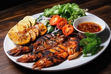 A white plate is presented with a delectable assortment of grilled shrimp and vegetables arranged on top.