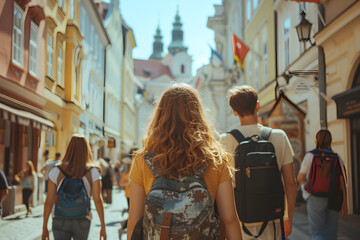 Students exploring old city in Europe on a tourist trip, a concept of travel and adventure - obrazy, fototapety, plakaty