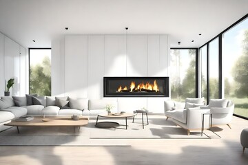 Modern white interior design with fireplace and beautiful backyard view 3D Rendering, 3D Illustration