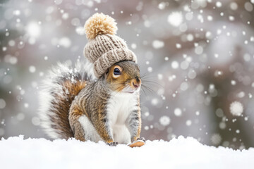 A merry squirrel in a knitted cap adds a touch of whimsy to a day of skiing in the snow.