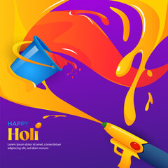  A vibrant gradient backdrop in yellow, orange, pink, and purple sets a joyful tone. Centered, a metal bucket overflows with vivid red, yellow, blue, green, and purple powder