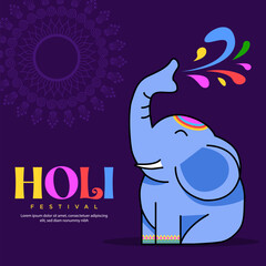 Festive Elephant Deligh  A background gradient in yellow, orange, pink, and purple sets a joyful tone. At the center, a blue elephant joyfully throws colorful paint, creating a vibrant rainbow effect