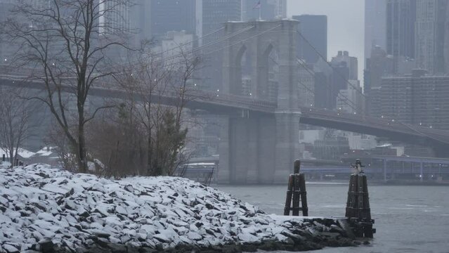 The Brooklyn Bridge on a gloomy winter morning
