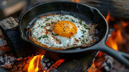 Cooking Tasty sunny side up egg on the pan, ready to serve for breakfast, camping, traditional, view from above. copy space concept. - obrazy, fototapety, plakaty