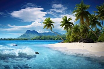 This photo is a painting capturing the scenic beauty of a tropical beach adorned with palm trees.
