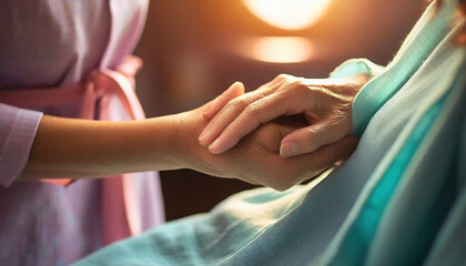 Taking care of the elderly concept with young woman holding the hand of a senior female patient - obrazy, fototapety, plakaty