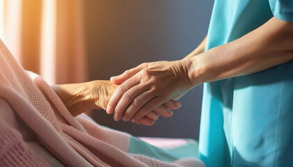 Taking care of the elderly concept with young woman holding the hand of a senior female patient - obrazy, fototapety, plakaty