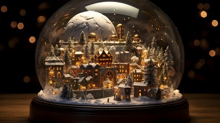 Snow globe with houses and trees. Christmas and New Year concept.