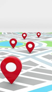 New home or new business location on city map with red pin popping out, vertical display 3D Animation
