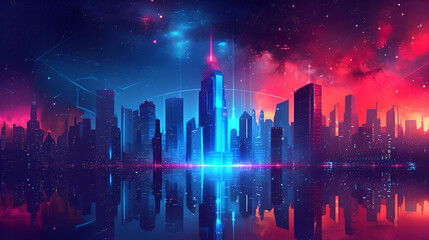 Fototapeta na wymiar A city with a neon light and a cityscape.Futuristic cityscape on an abstract background with towering skyscrapers and neon lights. generative ai