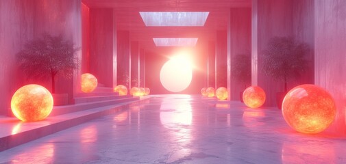 Surreal Pink Hallway with Glowing Orbs.