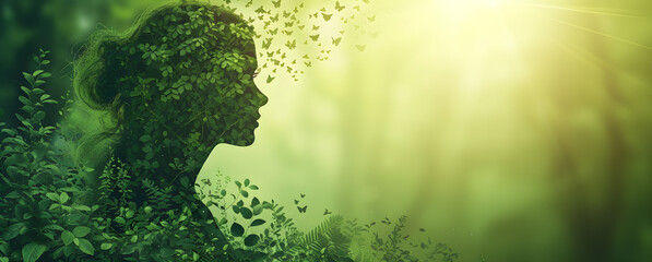 Earth Day banner featuring a profile of a woman against a green forest landscape with copy space, conveying the concept of environment caring for life on the planet. - obrazy, fototapety, plakaty