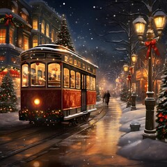 Digital painting of a traditional christmas cable car in a snowy winter street