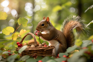 A lively squirrel gathers an abundant harvest of berries and mushrooms on a sunny summer day.