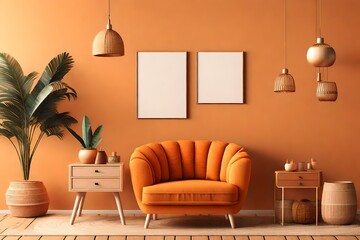 Orange boho style interior with armchair, dresser and decor. 3d render illustration mockup.