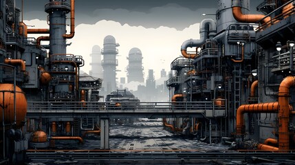 3D illustration of an industrial landscape with gas and oil refinery.