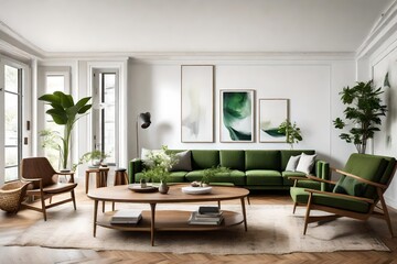 a living room with white walls and wood furniture in the middle part of the room, there is a green sofa