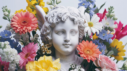 A cherub with a mischievous grin hiding behind a bouquet of colorful flowers.