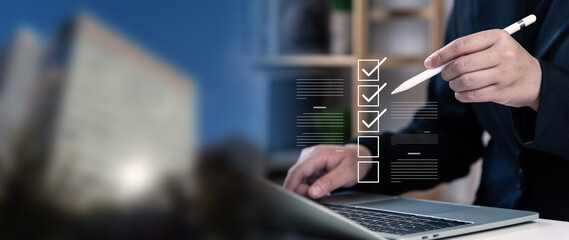 Business survey and feedback management concept, businessman checklist performance, enhancing business quality, digital evaluation and assessment, opinion analysis and consumer satisfaction.