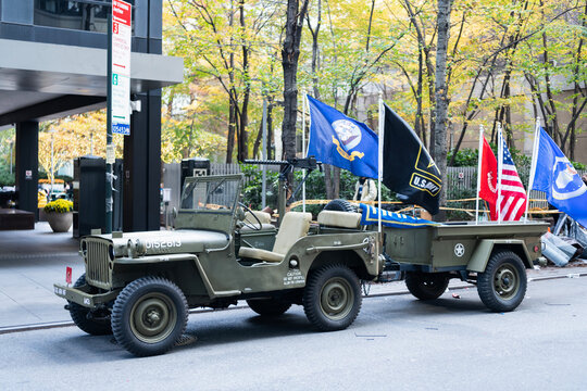 New York City, USA - November 11, 2023: Willys MB Ford GPW military truck, side view