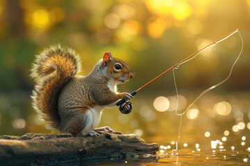A lively squirrel enjoys a summer fishing expedition with a fishing rod in hand.
