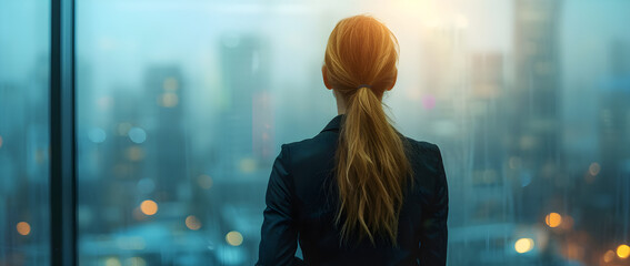 A business woman looks at the city of skyscrapers from her office window, with a view of the urban skyline in the background.